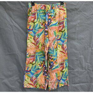 CC California Tropical Vibrant Cropped Pants L Linen Hawaiian Wide Leg Beach